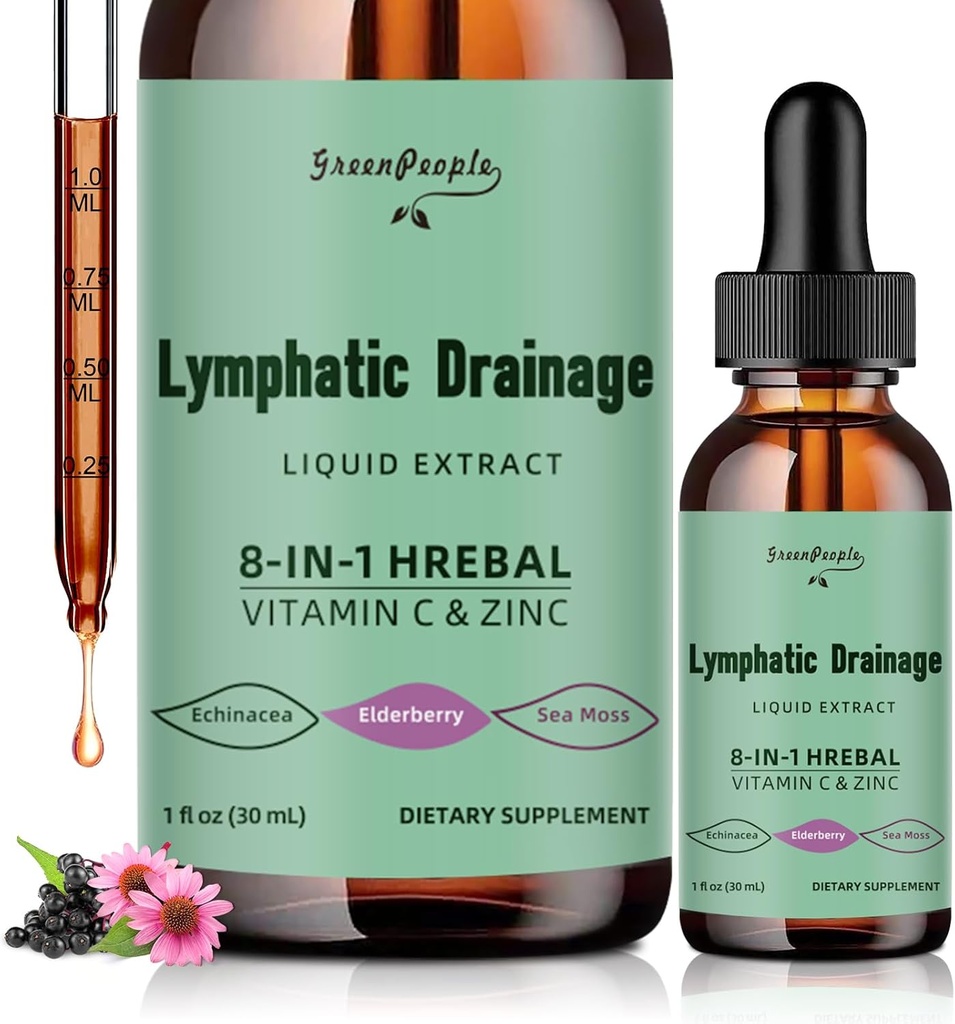 GREENPEOPLE Drainage lymphatique gouttes - Supplément de nettoyage lymphatique 10-en-1 avec Echinacea, Cleavers et racine de Burdock - Immune Support, Cleanse et Detox - Absorption avancée, Non-OGM (1 fl oz, 2 Pack)