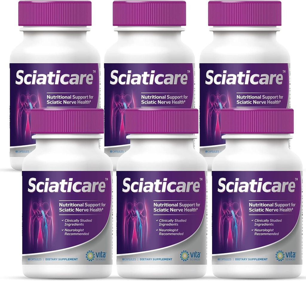 Vita Sciences Sciaticare Nerve Supplément apaisant Vitamines avec la forme naturelle R-ALA 40X Résistance, NON synthétique acide alpha lipoïque (ALA) - Lombaire inférieur Sciatica - 60 Compte (paquet de 6)
