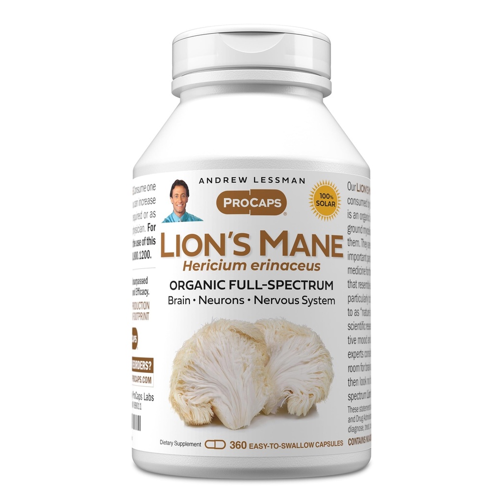 ANDREW LESSMAN Lions 360 Capsules de Mane - Bio Full Spectrum Lions Extrait de champignons de la Mane - Soutient la santé du cerveau, de la cognition et du système nerveux - Aucun additif.