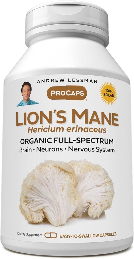 ANDREW LESSMAN Lions 360 Capsules de Mane - Bio Full Spectrum Lions Extrait de champignons de la Mane - Soutient la santé du cerveau, de la cognition et du système nerveux - Aucun additif.