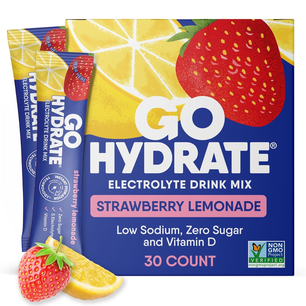 GoHydrate à faible teneur en sodium Électrolytes Poudre Packets Sans sucre - Hydratation instantanée Mélange quotidien - Zéro mélange d'arôme d'eau de sucre Célibataires avec vitamine D - (Lémonade aux mûres, 30 paquets)