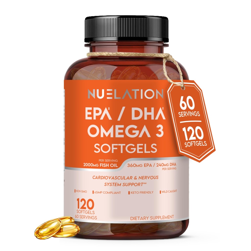 Omega 3 Huile de poisson 2000mg. Huile de poisson Omega 3 Suppléments pour soutenir la santé cardiaque, les fonctions cérébrales et le système cardiovasculaire - Non-OGM, sans gluten et amis des céto - 60 portions, 120 softgels