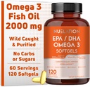 Omega 3 Huile de poisson 2000mg. Huile de poisson Omega 3 Suppléments pour soutenir la santé cardiaque, les fonctions cérébrales et le système cardiovasculaire - Non-OGM, sans gluten et amis des céto - 60 portions, 120 softgels