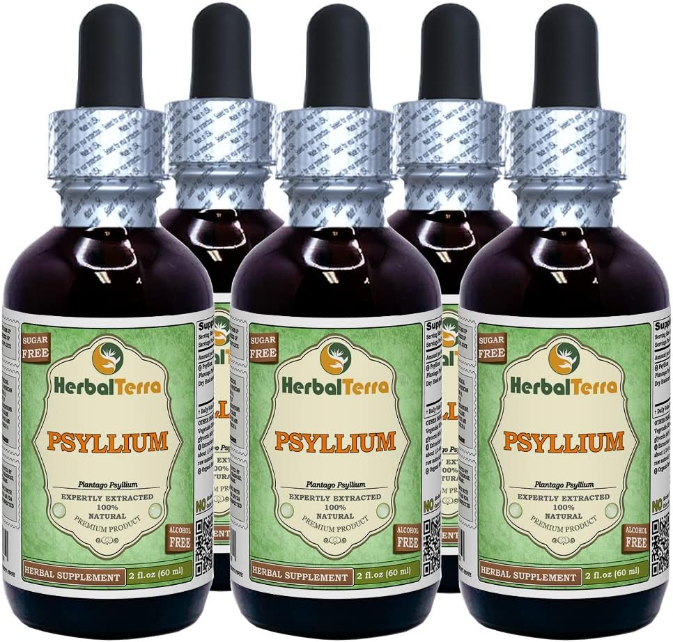 Psyllium (Plantago Ovata) Glycérite, extrait liquide sans alcool séché à la coque (marque: HerbalTerra, fièrement fabriqué aux États-Unis) 5x2 fl.oz (5x60 ml)