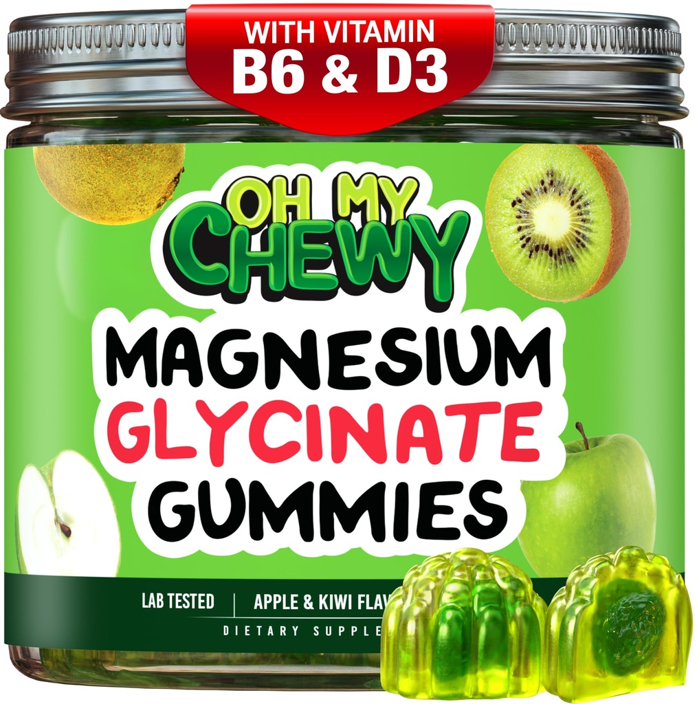 Gommies glycinées de magnésium au centre 400MG - Absorption élevée pour les enfants, les adolescents et les adultes - Supplément pour le sommeil, le calme et la relaxation musculaire avec B6 & D3 - Sans gluten et respectueux des végétaux - 60 Compte