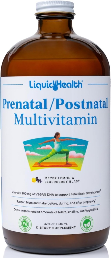 LIQUIDHEALTH Multivitamines liquides multiples prénatales/postnatales avec folate réel - Vitamines pré et postnatales pour avant, pendant, après la grossesse - Fabriqué aux États-Unis, végétalien, sans sucre, non-OGM (32 oz)