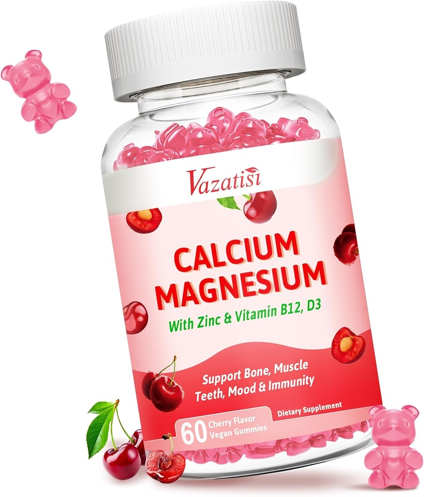 Calcium Magnésium Zinc Gummies, Calcium Magnesium 2:1 Rapport avec la vitamine D3 & B12 pour soutenir les muscles, l'humeur et l'immunité, 60 Vegan Cherry Flamvor Gummies