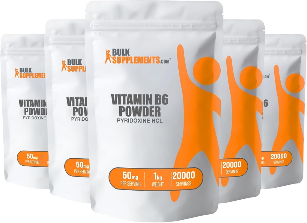 BulkSupplements.com Poudre de chlorhydrate de pyridoxine - supplément de vitamine B6, vitamine B6 50mg - pour le soutien immunitaire, sans gluten, 50mg de pyridoxine B6 par portion, 5kg (11 lbs) (paquet de 5)