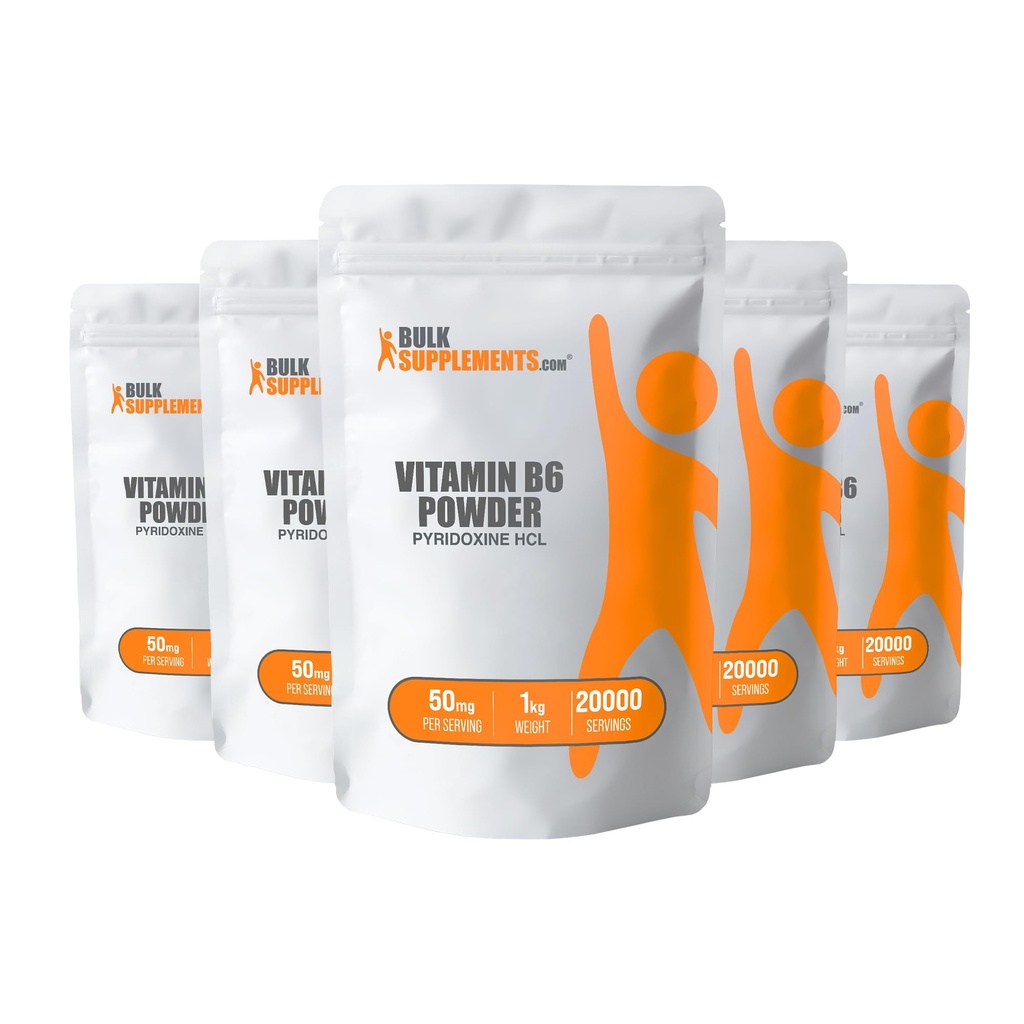BulkSupplements.com Poudre de chlorhydrate de pyridoxine - supplément de vitamine B6, vitamine B6 50mg - pour le soutien immunitaire, sans gluten, 50mg de pyridoxine B6 par portion, 5kg (11 lbs) (paquet de 5)