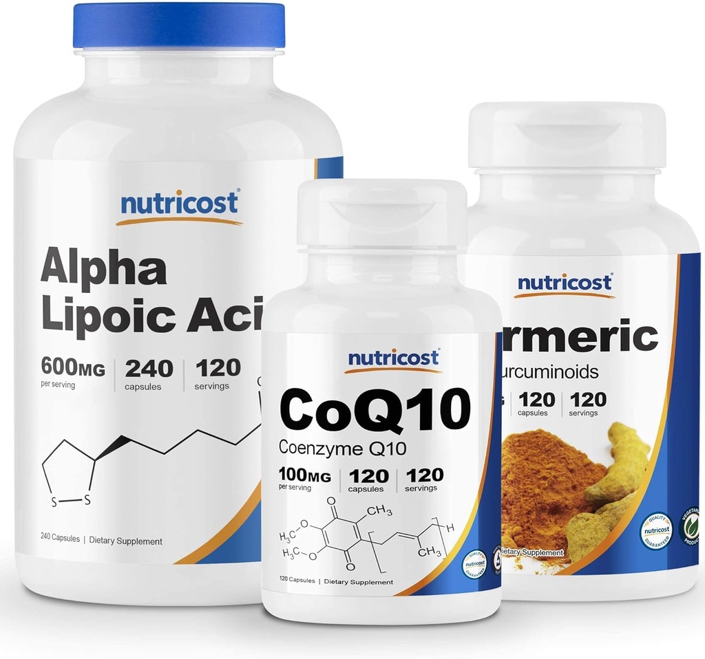 Acide alpha lipoïque Nutricost 600mg, 240 Caps & CoQ10 100mg, 120 Caps & Turmeric 500mg, 120 Caps avec BioPerine