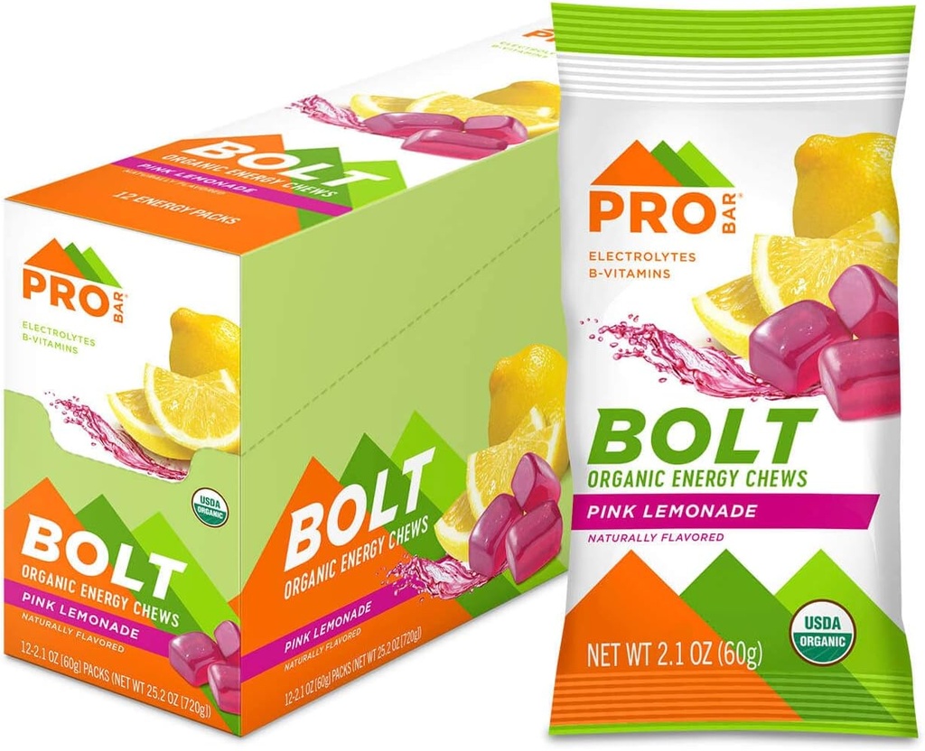 PROBAR - Bolt Bio Energy Chews, Lémonade Rose, Non-OGM, Sans gluten, USDA certifié biologique, saine, énergie naturelle, Gommies de carburant rapide avec des vitamines B & C (12 comte)
