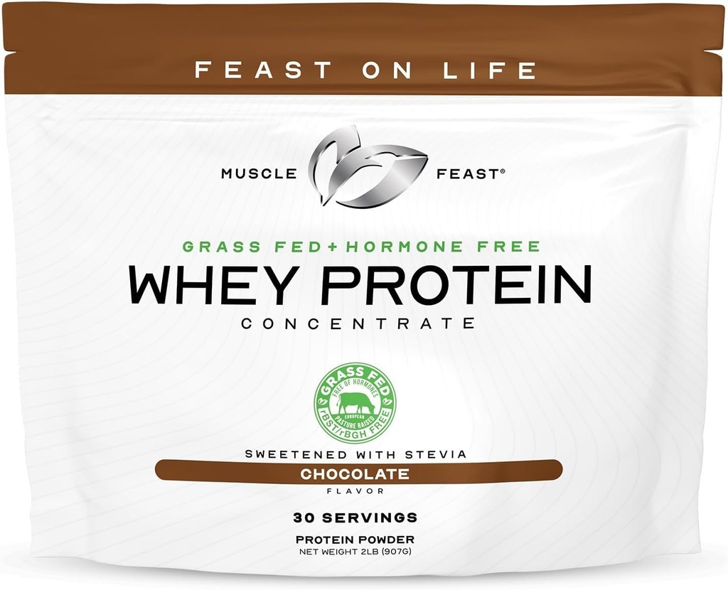 Muscle Feast Grass-Fed Whey Protein Concentrate Powder, All Natural, Hormone Free Pasture Raised Whey Protein Powder for Women & Men, Clean, Non-GMO & Gluten Free Whey Concentrate - Chocolate, 2lb