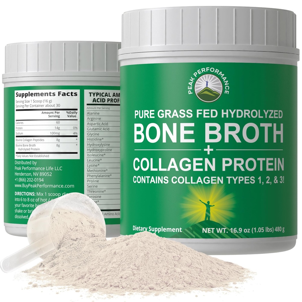 Peak Performance Hydrolyzed Bone Broth + Collagen Unflavored Protein Peptides Powder - Contains All Collagen Types: 1, 2, and 3 - Pure Pasture Raised Grass Fed, Paleo Friendly, Gluten + Dairy Free
