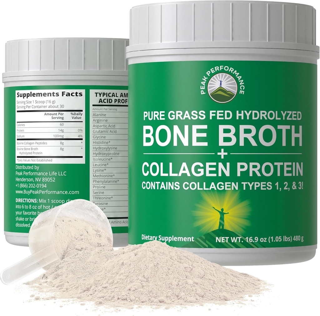 Peak Performance Hydrolyzed Bone Broth and Collagen Unflavored Protein Peptides Powder Contains All Collagen Types: 1, 2, and 3. Pure Pasture, Raised Grass Fed, Paleo Friendly, Gluten + Dairy Free