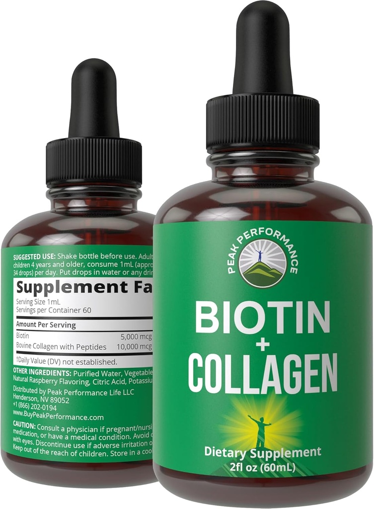 Collagène liquide pour femmes et hommes avec biotine. Drops oraux avancés 2-en-1 pour la croissance des cheveux, la peau et les ongles. 10 000 mcg Bovine Collagène Peptides + 5 000 mcg Biotine. Sans gluten, suppléments de sucre zéro
