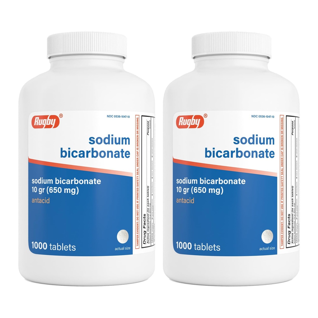 Rugby Sodium Bicarbonate 650 mg Comprimés antiacides - Relief for Heartburn, Sour Stomach & Indigestion, 1000 Nombre (2-Pack)