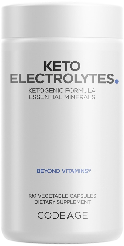 Supplément électrolytes de codeage Keto – Comprimés électrolytes végans w Magnésium, Potassium, Calcium et Sel - Pilules de poudre d'électrolyte et Suppléments d'hydratation de boisson - Régime non-OGM Keto - 180 Capsules