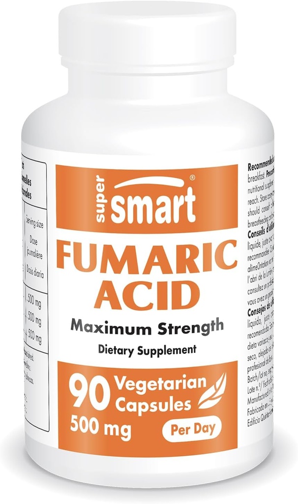 Supersmart - Acide fumarique 500mg par jour (résistance maximale) - Supplément naturel (non-OGM et sans gluten) - 90 capsules végétariennes