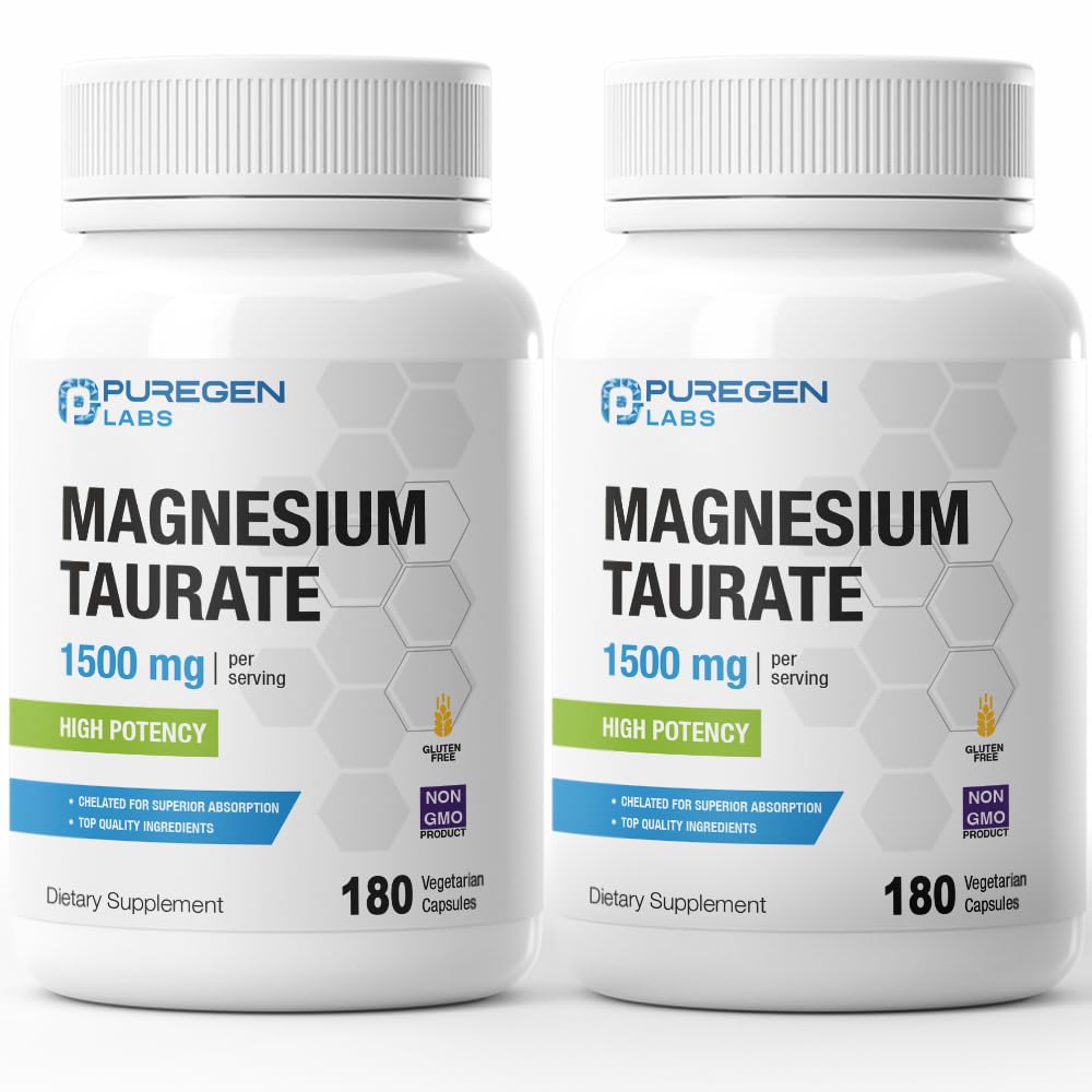 Puregen Labs Magnésium Taurate 1500mg par portion [haute puissance] Total 360 Caps Veggie, Chélaté pour Absorption Supérieure, Non-OGM, NO Gluten et Dairy.