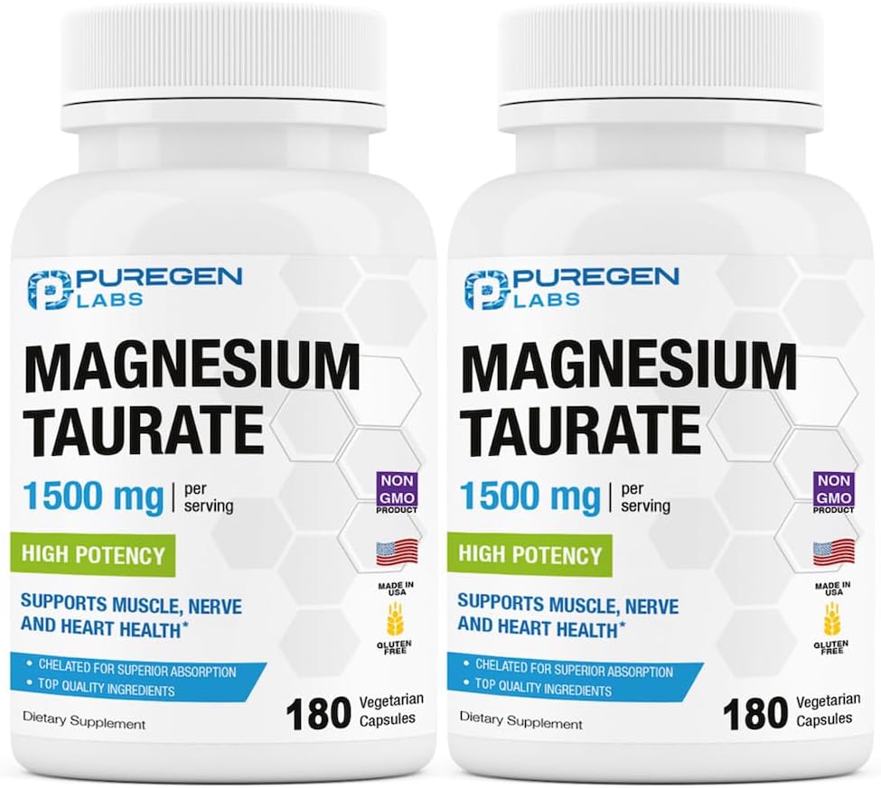 Puregen Labs Magnesium Taurate 1500mg per Serving [High Potency] Total 360 Veggie Caps, Chelated for Superior Absorption, Non-GMO, NO Gluten and Dairy | Made in USA