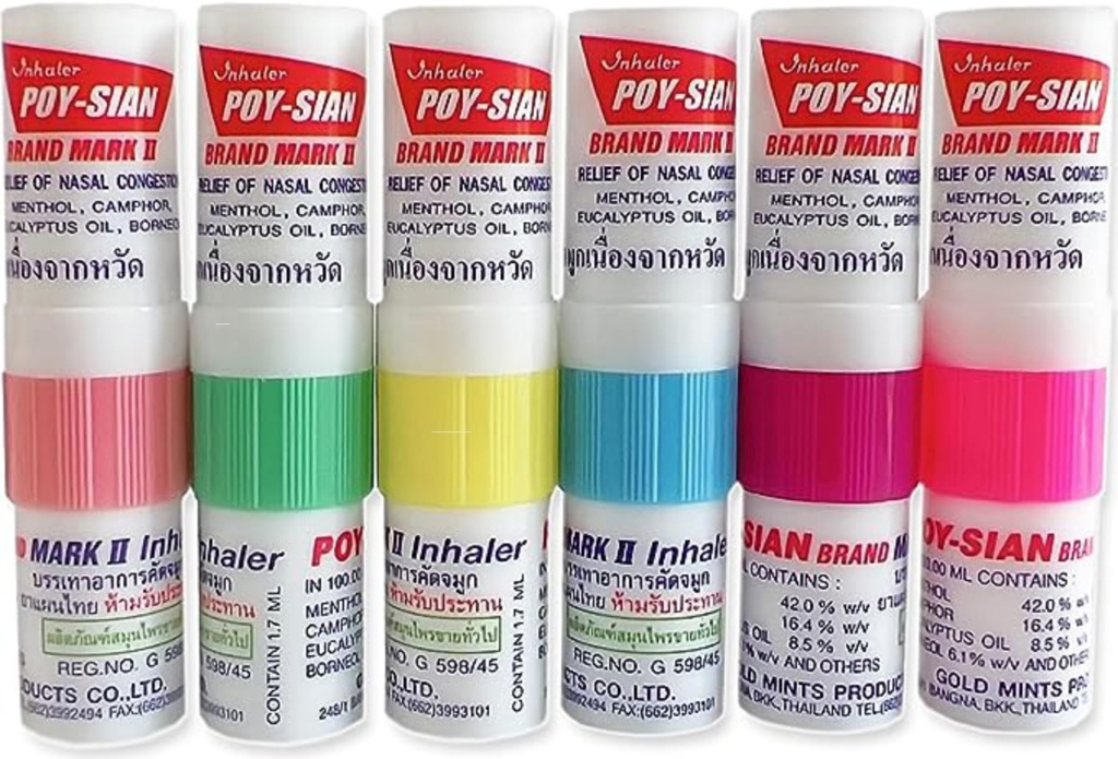 POY-SIAN Mark II Aromathérapie menthol Inhalateur nasal, remède à base de plantes naturelles avec des huiles essentielles de refroidissement Poysian (paquet de 6)