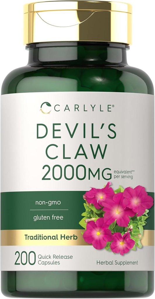 Carlyle Devils Claw 2000 mg de 200 capsules d'extrait de racine concentré de Devils Claw Supplément à base de plantes non OGM, supplément sans gluten