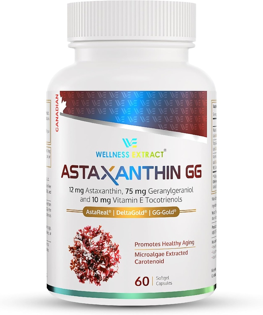 EXTRACT DE BIEN-ÊTRE Astaxanthin-GG – Supplément d'AstarealTM Astaxanthin, GG-Gold® Geranylgeraniol, DeltaGold® Tocotrienols soutient la santé des yeux, de la peau et du coeur - 60 softgels
