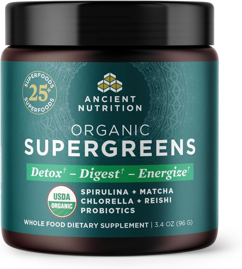 Ancient Nutrition Bio SuperGreens Poudre avec Probiotiques, Bio Greens Saveurs Verts, Fabriqué à partir de Fruits, Légumes et Herbes Réels, Soutien Digestionnel et Énergie, 12 Servants, 3.4oz