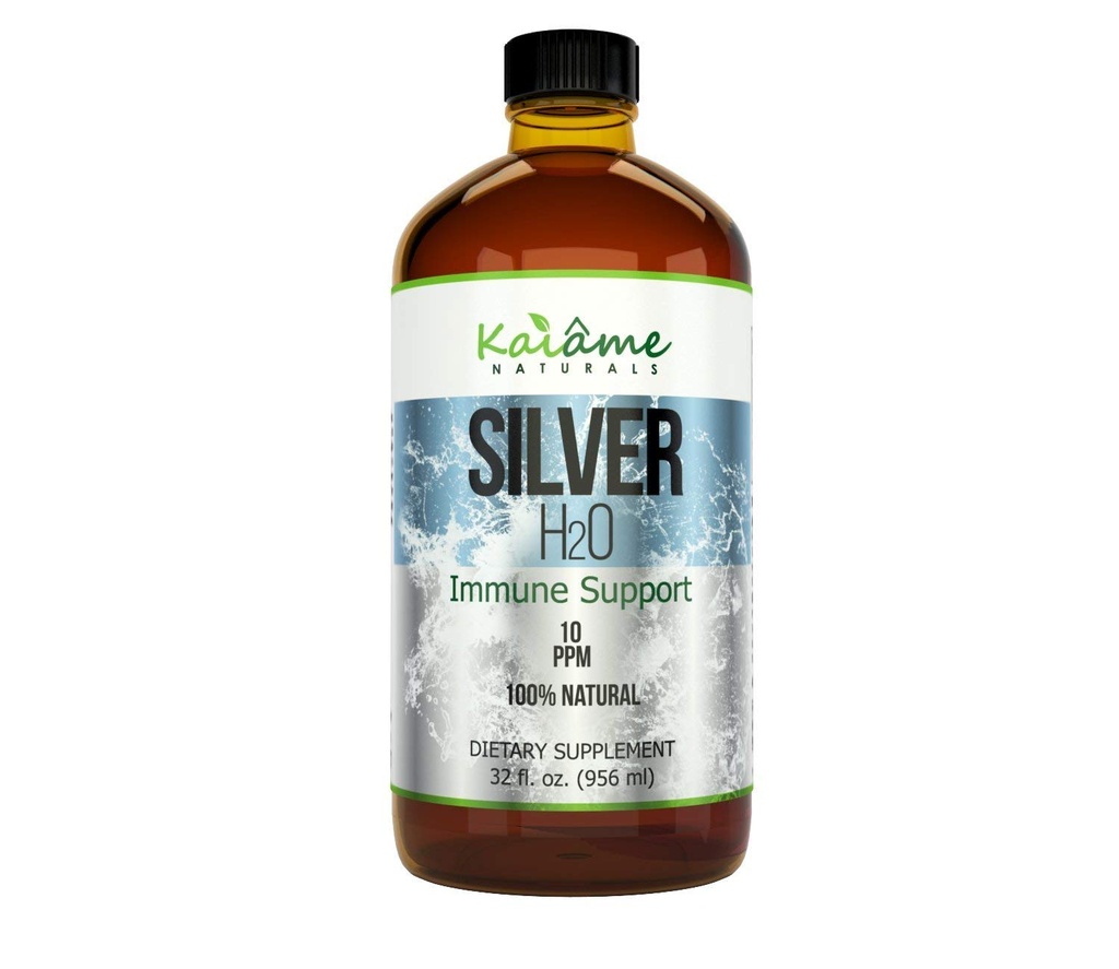 Kaiame Naturals Argent Colloïdal, Solution d'argent ionique, 10 PPM, Grande bouteille de verre 32 oz, Supplément de soutien immunitaire naturel, sans danger pour les adultes, les enfants et les animaux de compagnie