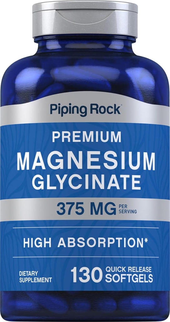Pipping Rock Magnésium Glycinate de 375mg de $ 130 Comte de $ 130 Premium & Haute Absorption de $ softgels à libération rapide $ Formule sans OGM et sans gluten