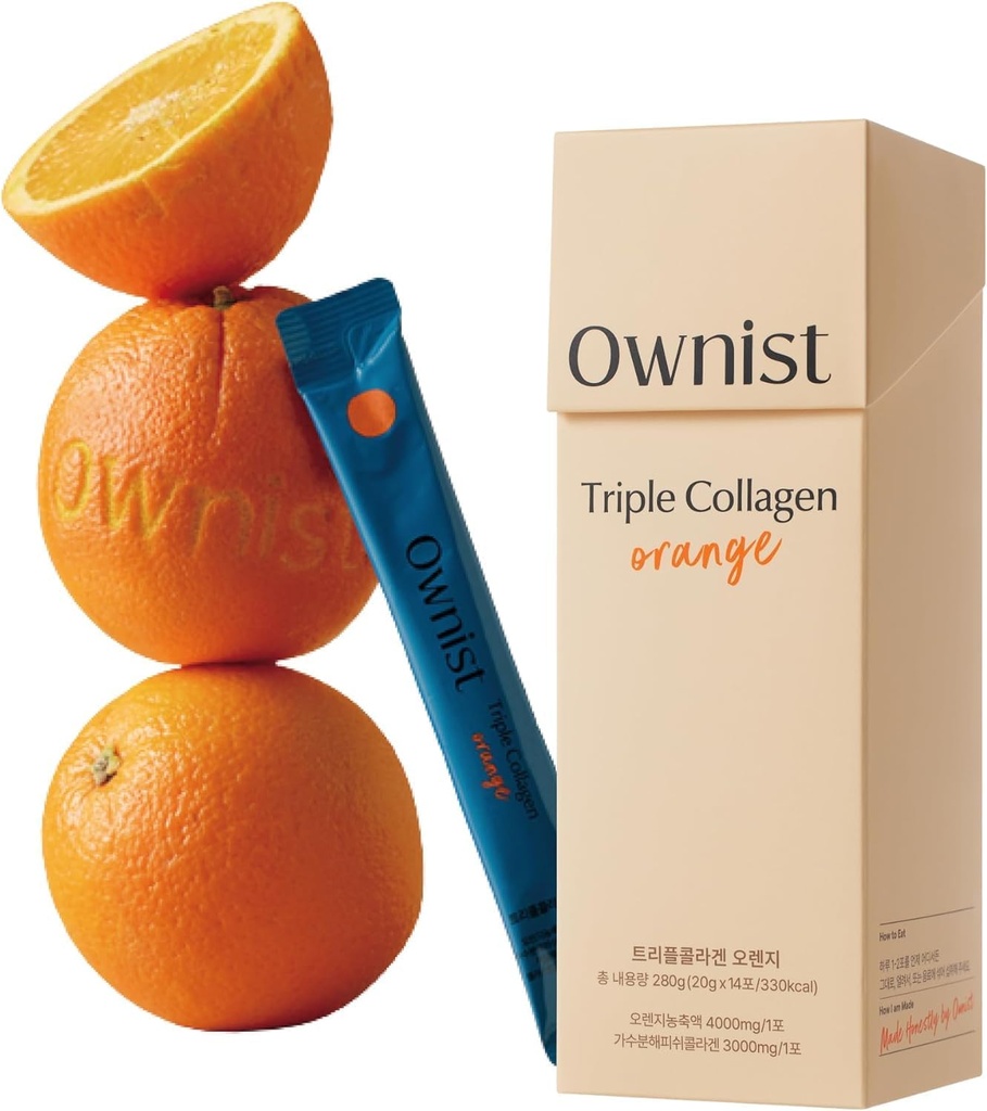 Ownist Triple Collagen Liquid Packets On-The-Go - Peptides avec collagène marin hydrolysé, élastine, acide hyaluronique et vitamine pour une peau saine - Arôme orange - 14 Stick Packs individuels