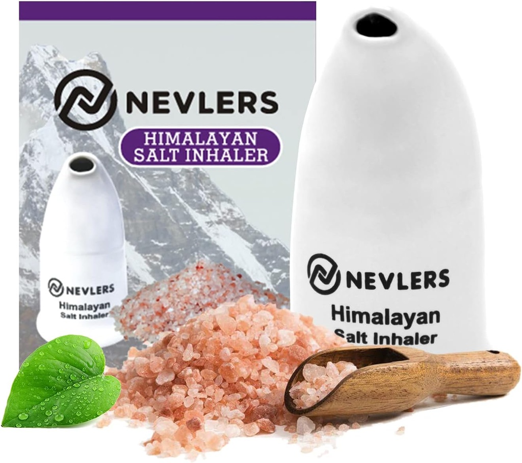 Nevlers Inhalateur de sel blanc himalayen pour les poumons et le nez avec 6 Oz Coarse Pink Himalayan Sea Salt.