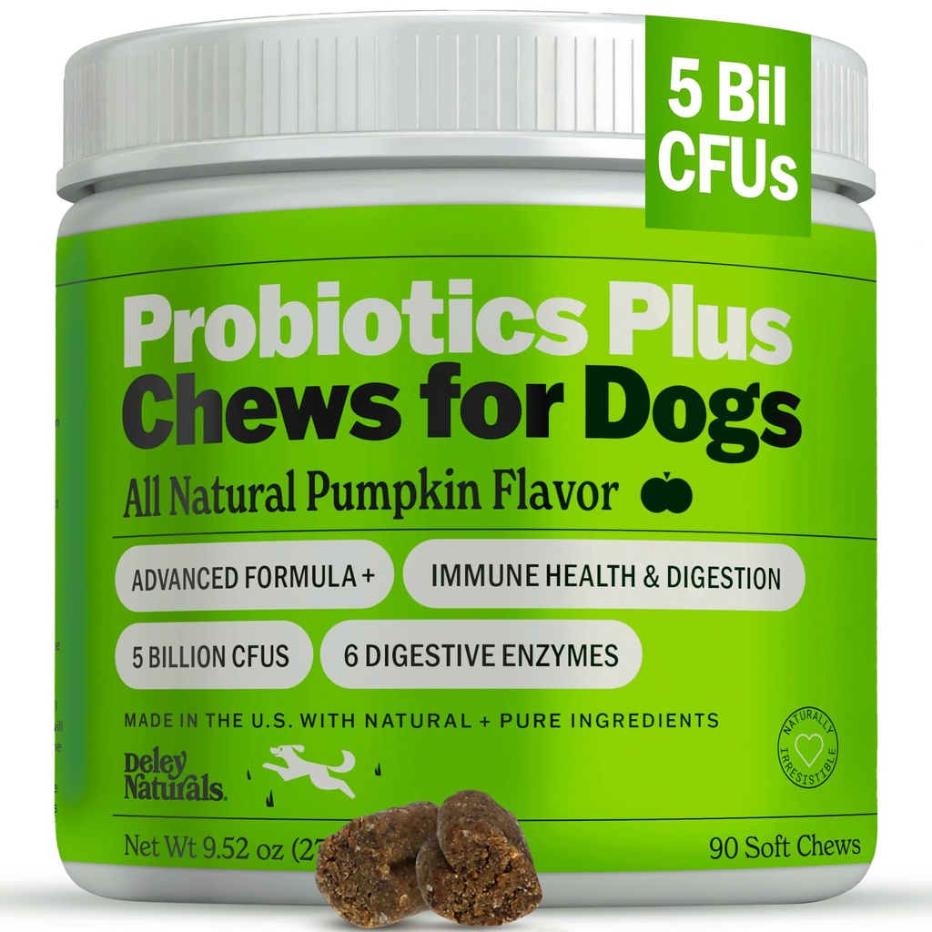 Deley Naturals Probiotics Plus Chews for Dogs, Gut Health Supplement, 5 milliards CFU, enzymes digestives, prébiotiques, allergies pour chiens, diarrhée, levure, goût de citrouille, 90 comte - Fabriqué aux États-Unis