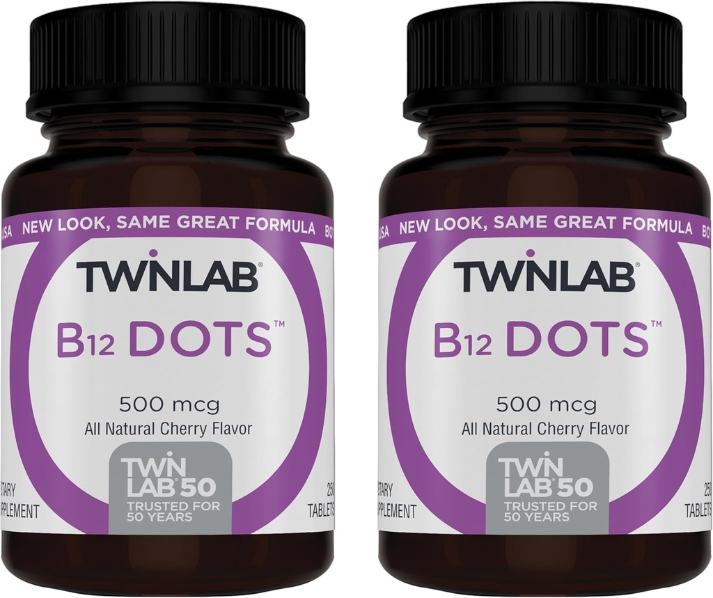 Twinlab B-12 Dots - Energy Production Support Supplements with Vitamin B12-500 mcg, 250 Tablets (2 Pack)