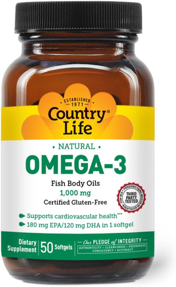 Country Life Omega-3 Supplément huile de poisson, 10000mg,180mg EPA et 120mg DHA, concentré huile de poisson, sans Burpless, 50 Softgels, certifié sans gluten