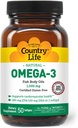 Country Life Omega-3 Supplément huile de poisson, 10000mg,180mg EPA et 120mg DHA, concentré huile de poisson, sans Burpless, 50 Softgels, certifié sans gluten