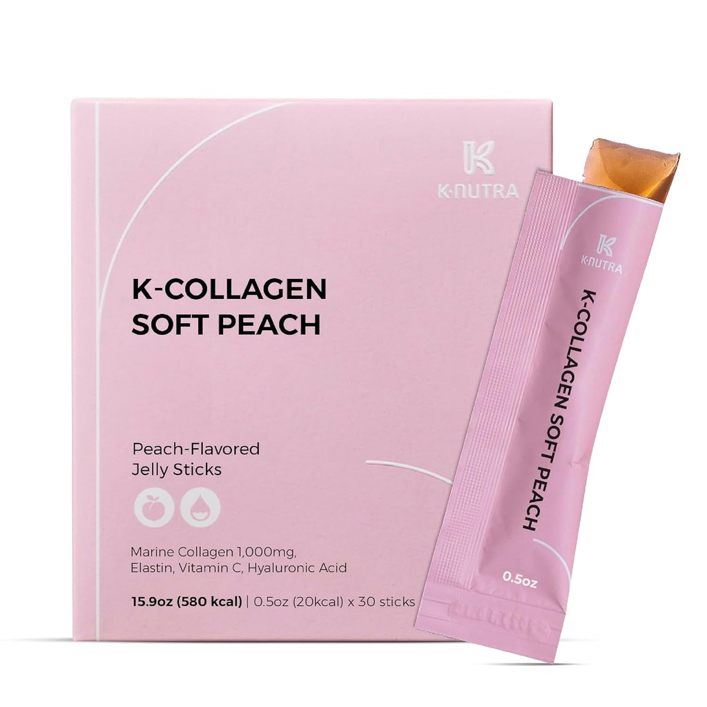 K-Nutra K-Collagen Soft Peach (15.9oz, 30 bâtons) - Cadeaux de vacances - peau, cheveux, santé des ongles, gelée goûteuse, absorption rapide. Collagène marin faiblement moléculaire, vitamine C