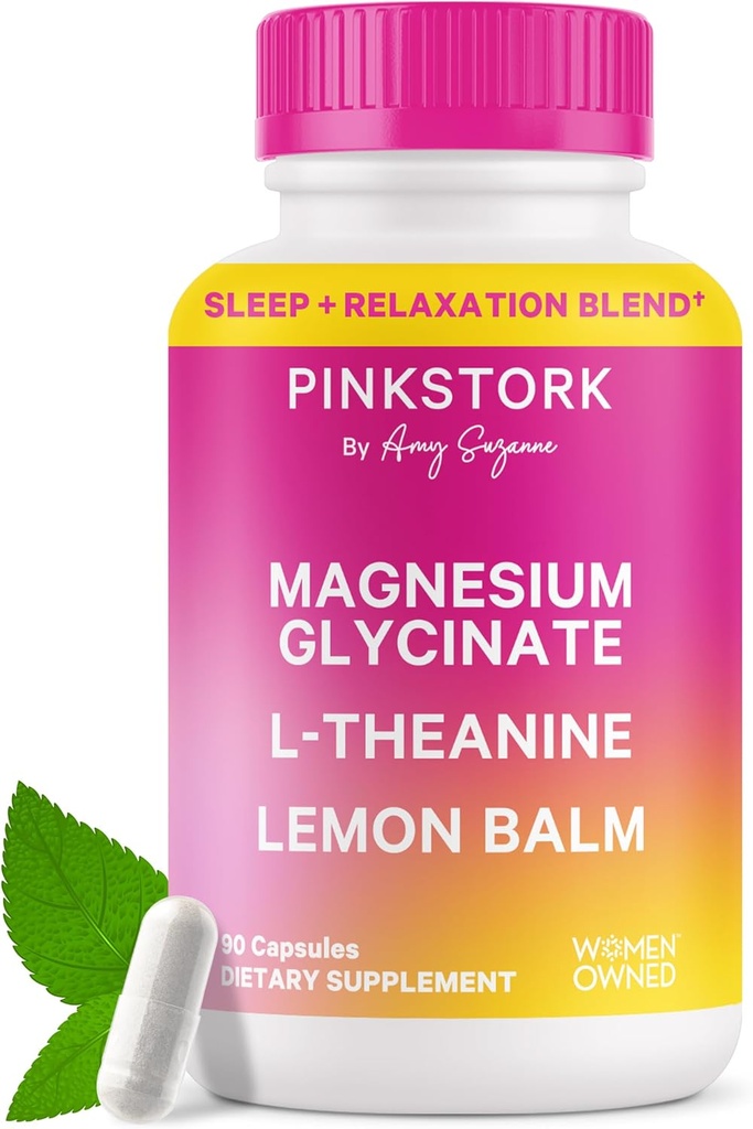 Pink Stork Magnésium Glycinate, L-Theanine, Baume citron - Magnésium sans mélatonine pour le soutien du sommeil - Calme naturel et relaxation - 90 Capsules