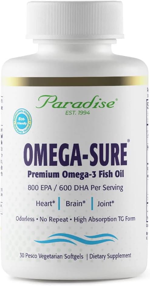 Herbes paradisiaques Omega-Sure, Omega-3 Concentrate, Huile de poisson Premium, DHA, EPA, Vegan, Non OGM, Sans gluten, 30 softgels végétariens de comte