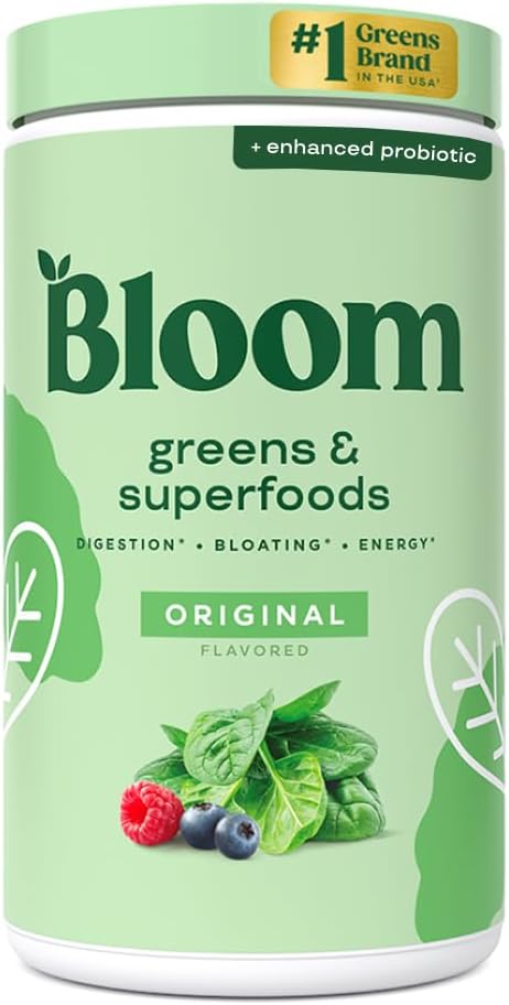 Bloom Nutrition Superfood Greens Poudre, Enzymes digestifs avec probiotiques et prébiotiques, Gut Health, Bloating Relief pour les femmes, Chlorella, Mélange de jus vert avec poudre de racine de betterave, 60 SVG, Original