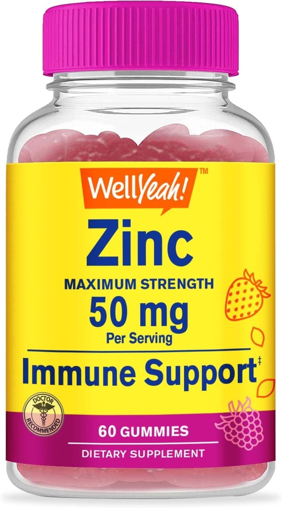 WellYeah Zinc Gummies 50 mg - Soutient une fonction immunitaire saine et la santé antioxydante - Natural Berry Flavor - Sans gluten, sans OGM - Supplément alimentaire pour gommy à croquer - 60 Gummies