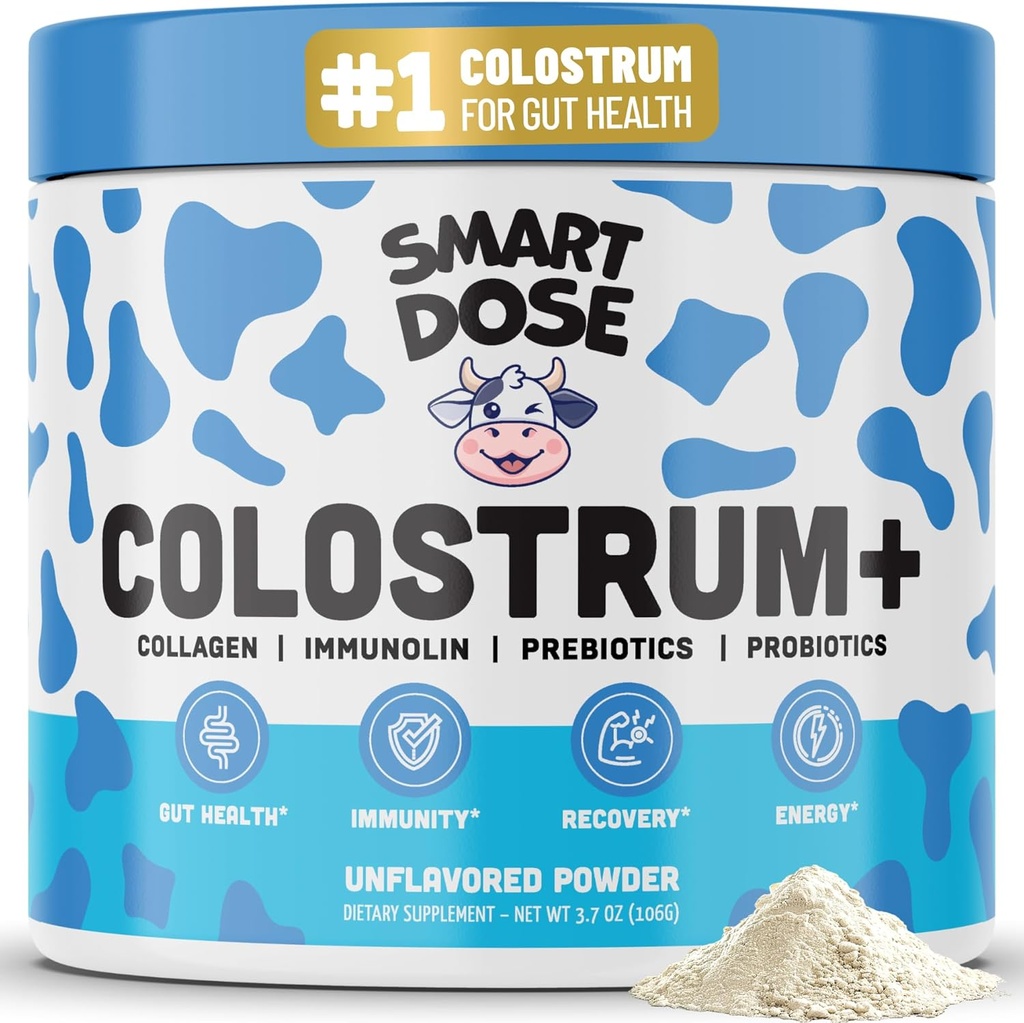 Bovine Colostrum+ Poudre pour Gut Health & Digestion - Formule 12-en-1 pour Bloating, Immune Support & Energy - avec 45% IgG ImmunoLin, Probiotiques, Prébiotiques, Collagène & L-Glutamine