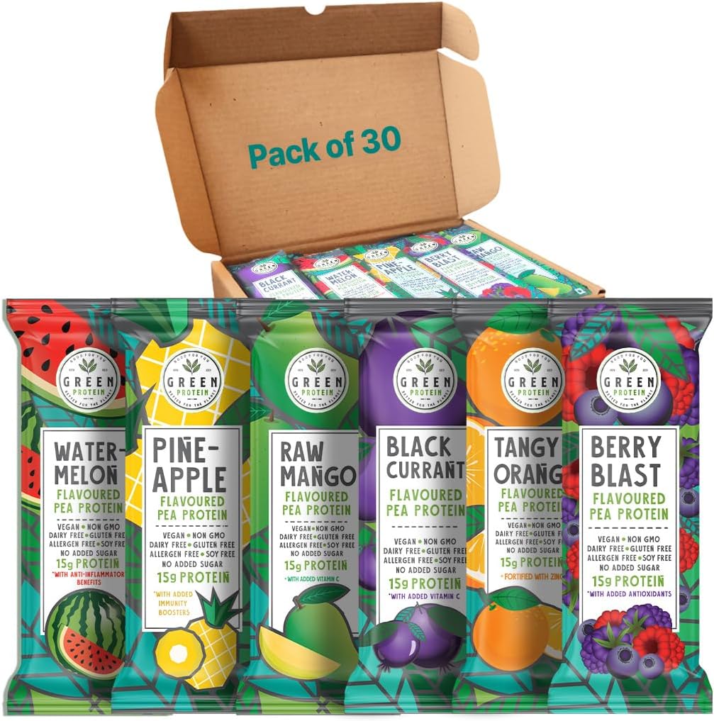 GreenProtein | Vegan Plant Pea Protein Isolate Powder | Dairy, Gluten Allergen & Soy Free, No Added Sugar | Pineapple, Black Currant, Berry Blast, Watermelon, Raw Mango & Orange | Pack of 30