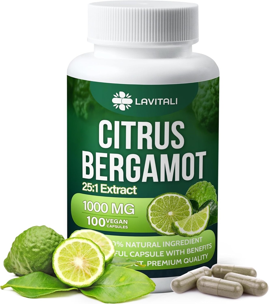 25x Capsules d'extrait d'agrumes concentrés Bergamot, 100 Capsules de légumes, Capsules d'agrumes Bergamot 1000mg, Non-OGM, Sans gluten, Toutes les Capsules naturelles et végétariennes