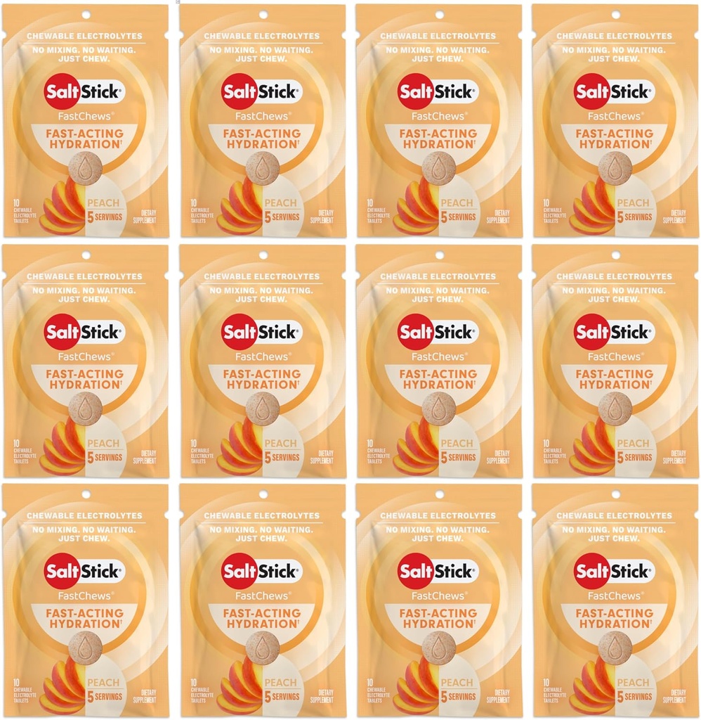 SaltStick Electrolyte FastChews - 120 Peach Chewable Electrolyte Tablets - Electrolyte Chews, Salt Tablets - 12 Packets, 10 Comprimés Chacun