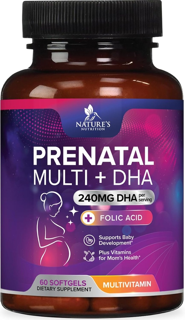 Vitamines prénatales avec acide folique et ADH, Soutien au développement du cerveau foetal avec folate et oméga 3, Multivitamine prénatale pour les femmes, vitamine A, C, D, B6, B12 et fer, Supplément grossesse - 60 Softgels