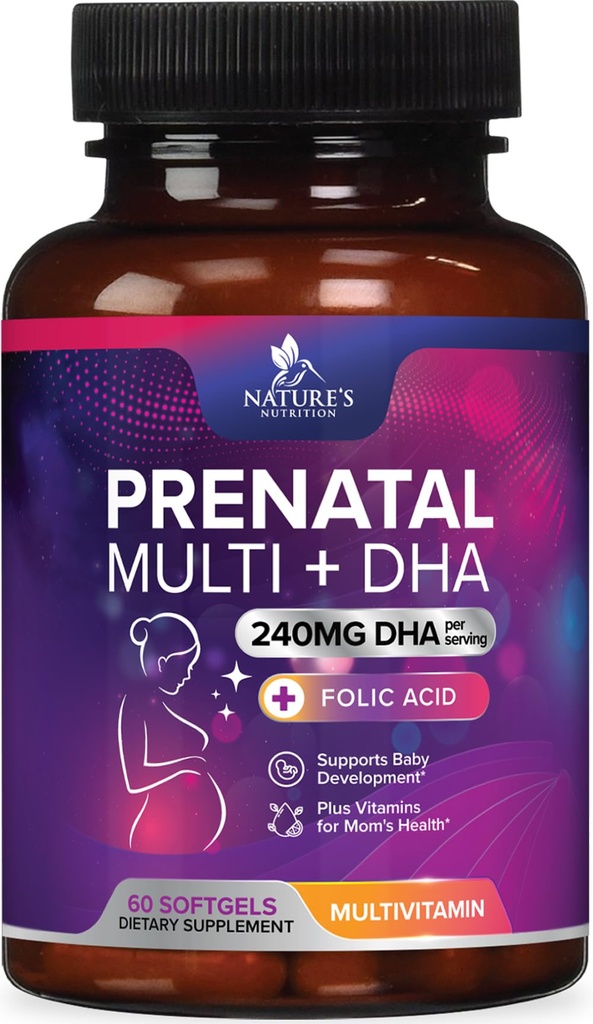 Vitamines prénatales avec acide folique et ADH, Soutien au développement du cerveau foetal avec folate et oméga 3, Multivitamine prénatale pour les femmes, vitamine A, C, D, B6, B12 et fer, Supplément grossesse - 60 Softgels