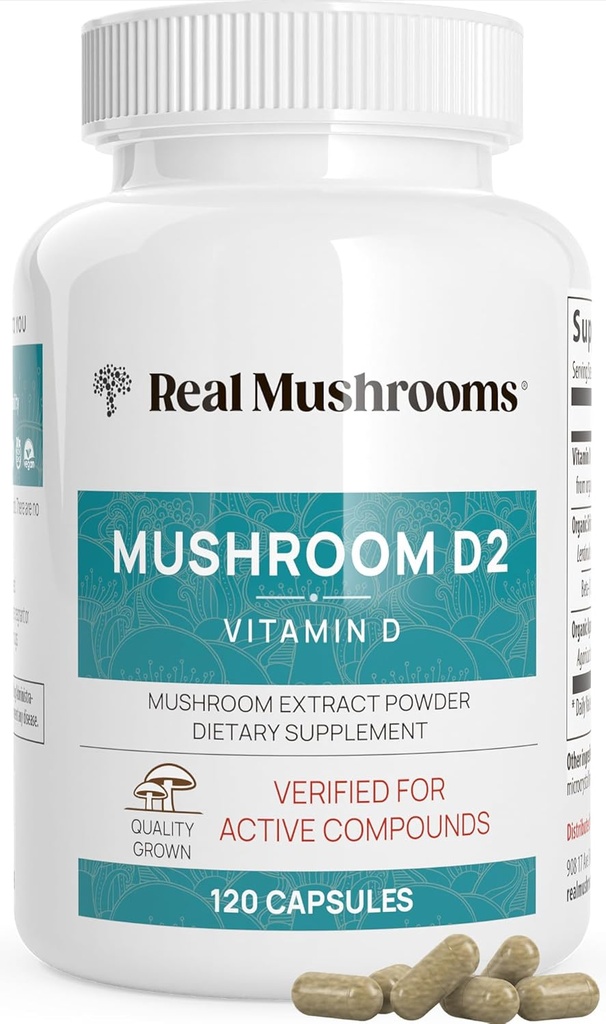 Vitamine D2 de champignons réels de Shiitake & Agaricus – Supplément D à base de champignons végétaliens – Vitamines pour un soutien global au mieux-être – Organique, Non-OGM, 1000 UI – 120 Nombre de champignons fonctionnels