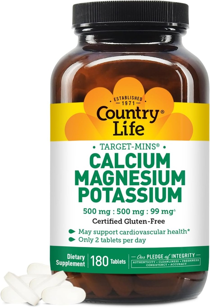 Minis cibles de la vie du pays - supplément de potassium de calcium et de la santé cardiaque, 1000mg de calcium, 500mg de magnésium, soutient l'utilisation du calcium, 180 comprimés – certifié sans gluten et végétalien