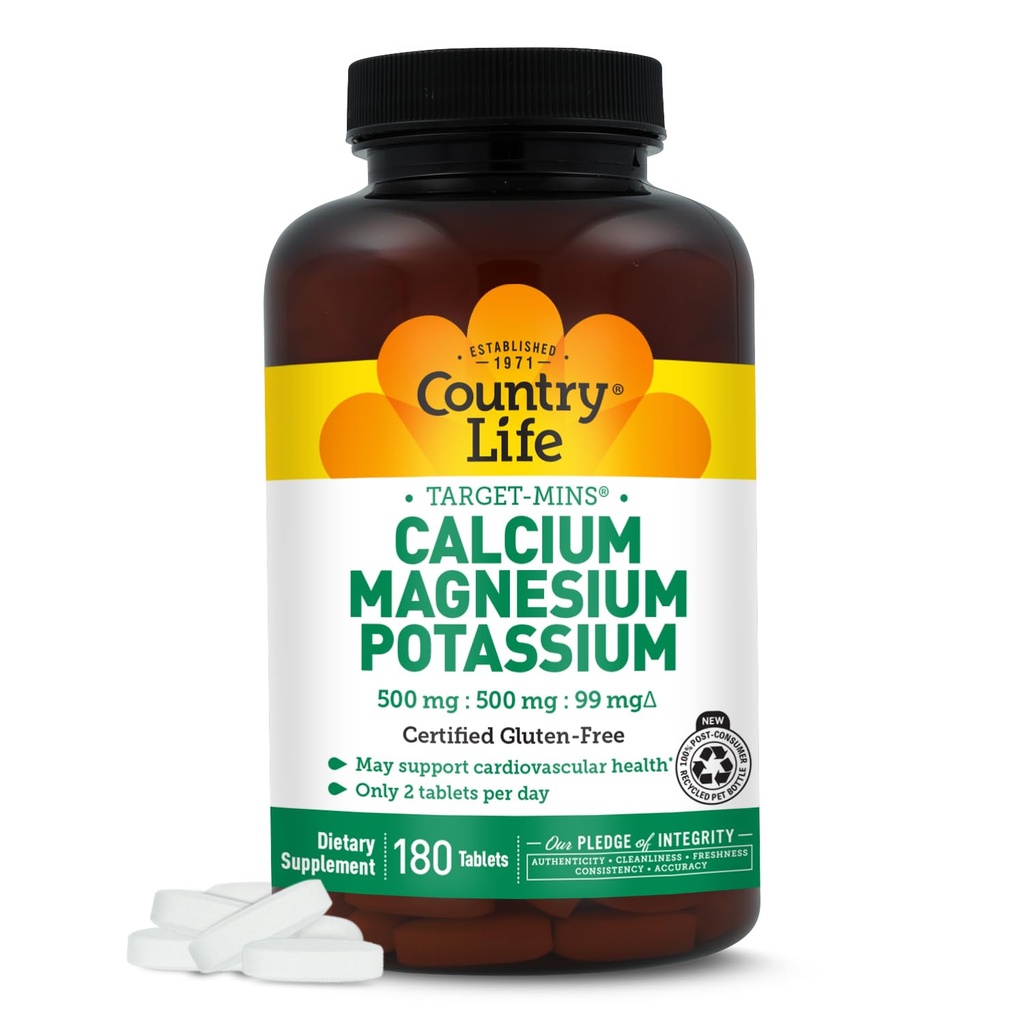 Minis cibles de la vie du pays - supplément de potassium de calcium et de la santé cardiaque, 1000mg de calcium, 500mg de magnésium, soutient l'utilisation du calcium, 180 comprimés – certifié sans gluten et végétalien
